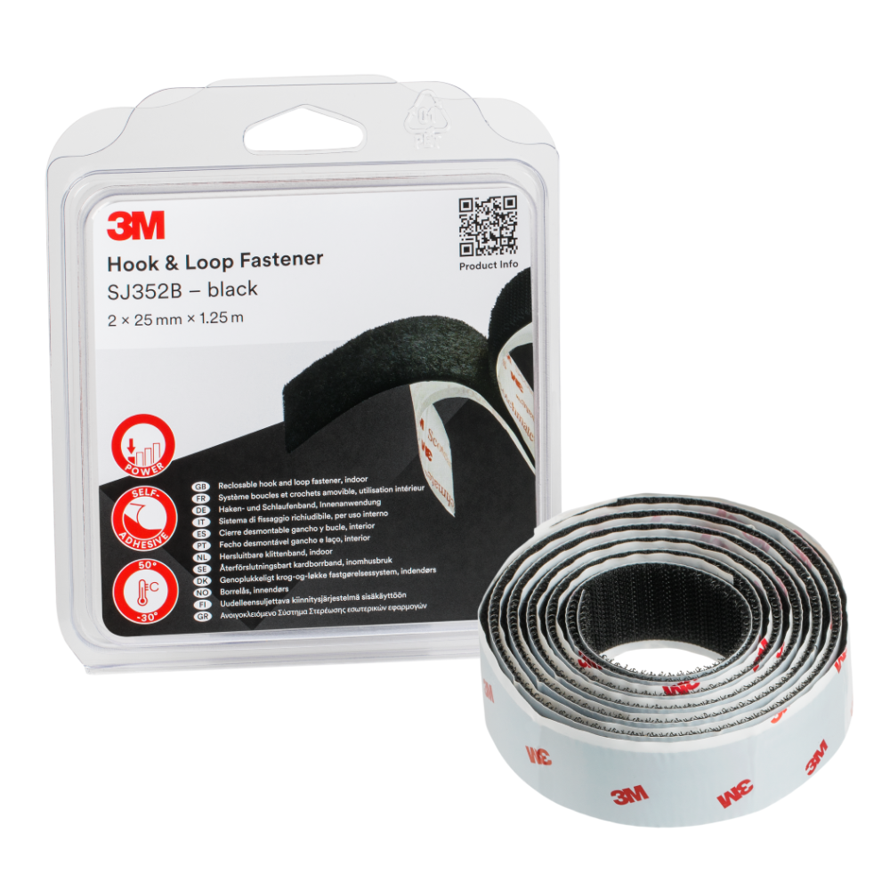 3M SJ3520B Industrial Hook and Loop Fastener Black 25 mm x 1.25 m